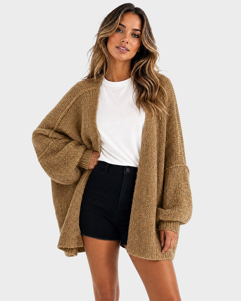 Oversized Knit Cardigan with Lantern Sleeves – Casual, Layering
