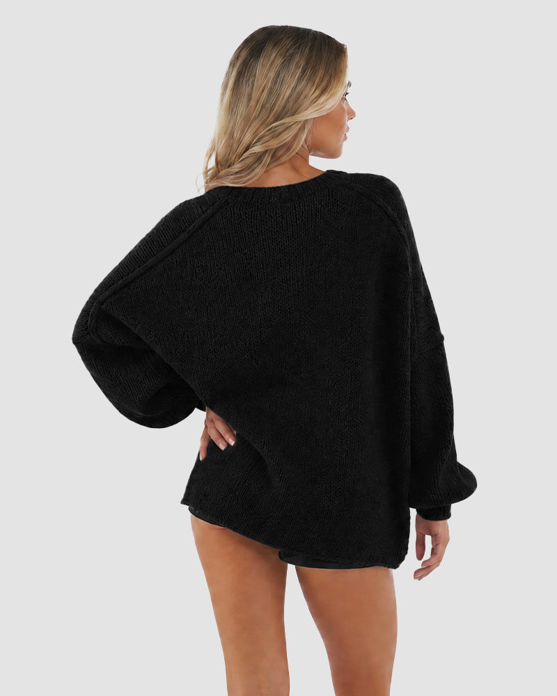 Oversized Knit Cardigan with Lantern Sleeves – Casual, Layering