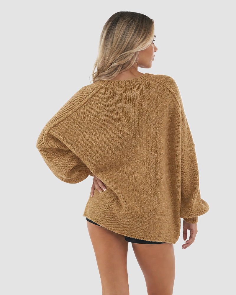 Oversized Knit Cardigan with Lantern Sleeves – Casual, Layering