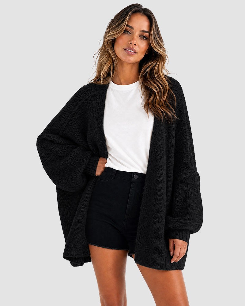 Oversized Knit Cardigan with Lantern Sleeves – Casual, Layering