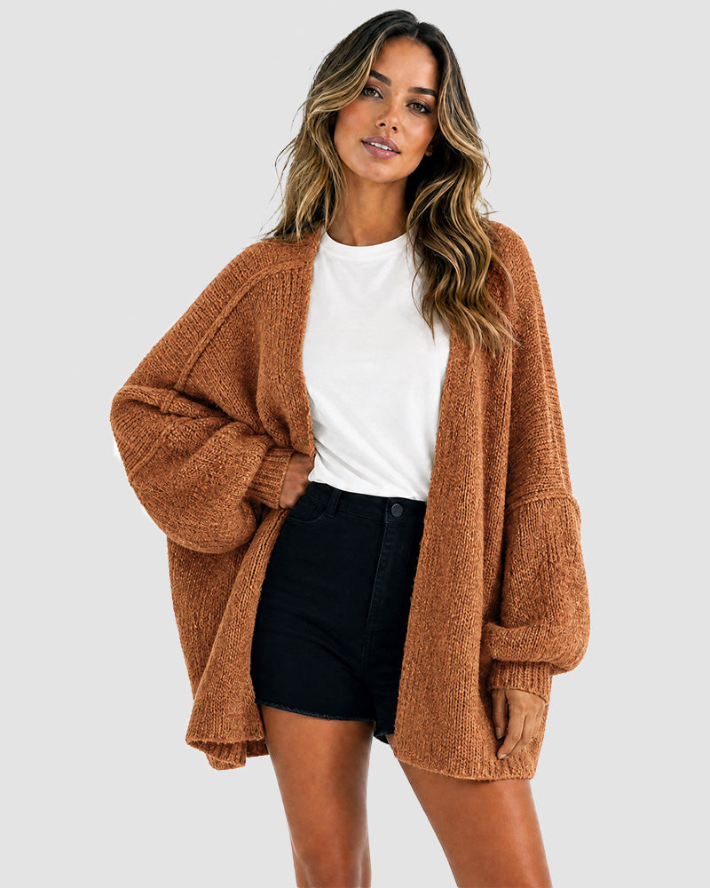 Oversized Knit Cardigan with Lantern Sleeves – Casual, Layering