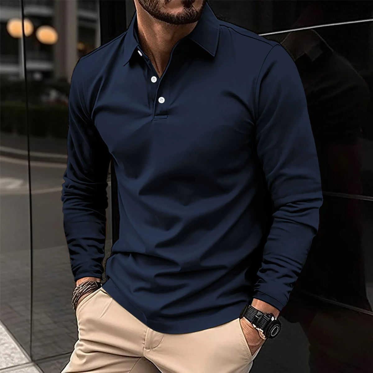 Smart Casual Long-Sleeved Polo Shirt for Men - Comfortable Cotton Blend