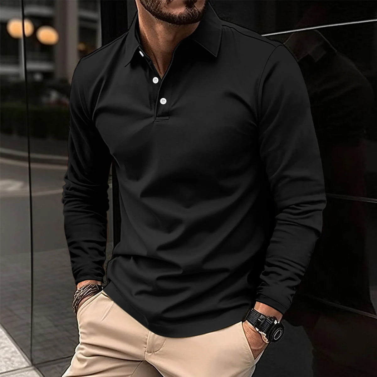 Smart Casual Long-Sleeved Polo Shirt for Men - Comfortable Cotton Blend