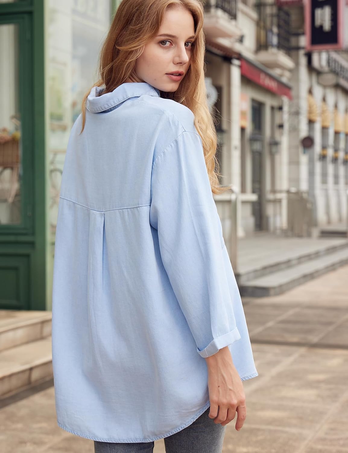 Tencel Button Down Shirt for Women, Chambray Blue, 3/4 Sleeve – Casual, Office