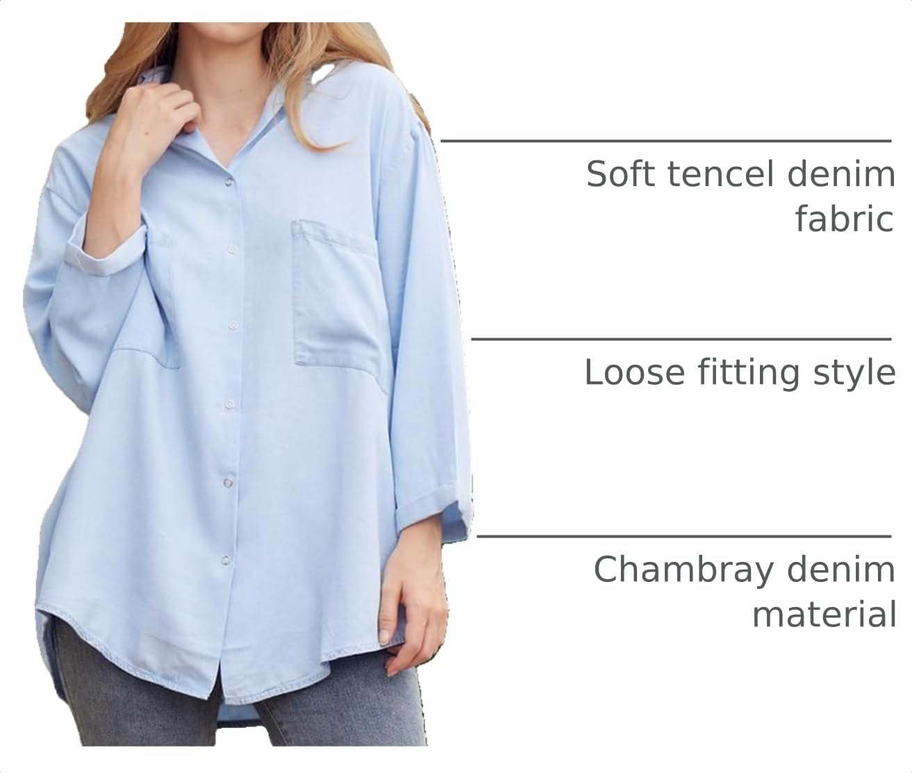 Tencel Button Down Shirt for Women, Chambray Blue, 3/4 Sleeve – Casual, Office