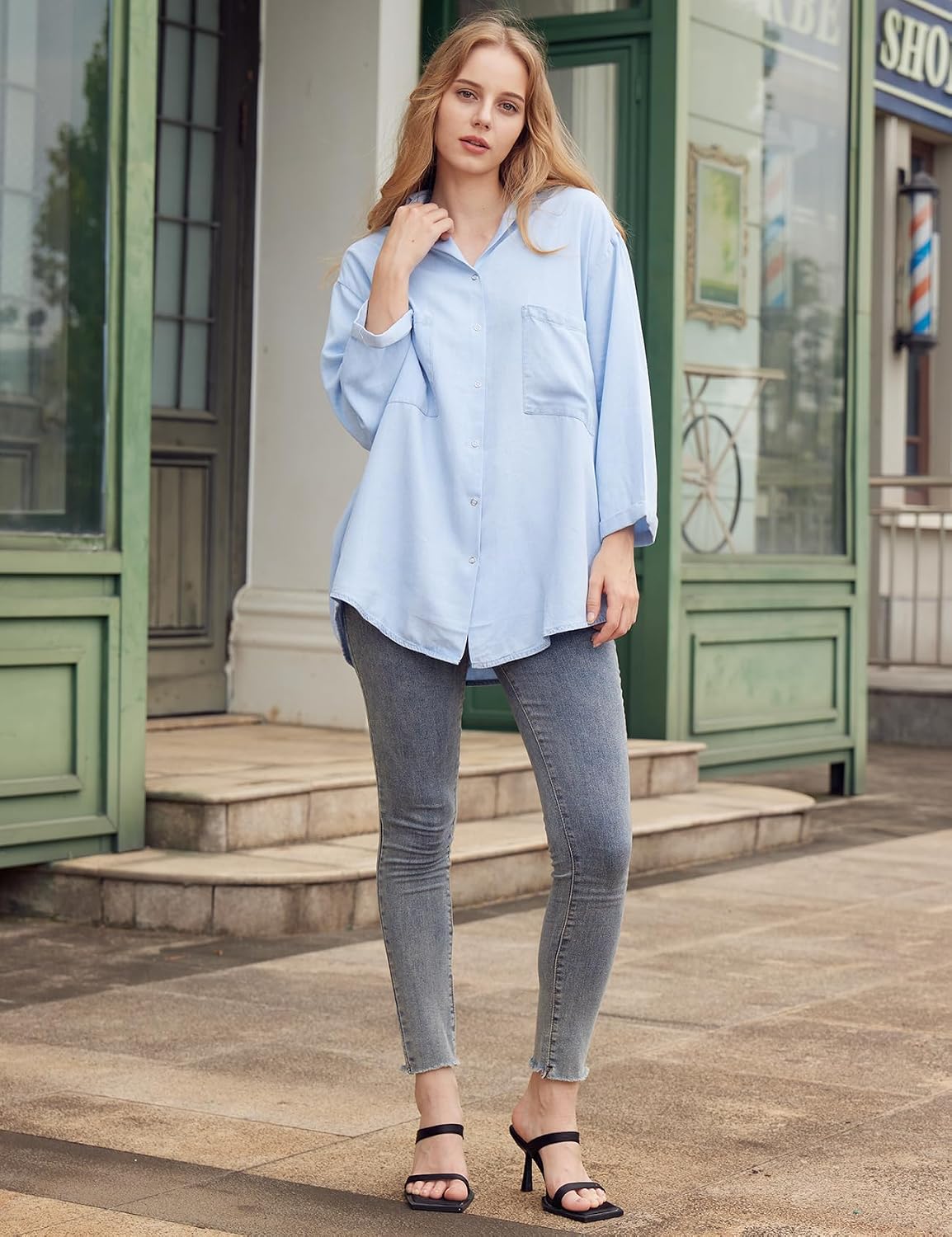 Tencel Button Down Shirt for Women, Chambray Blue, 3/4 Sleeve – Casual, Office