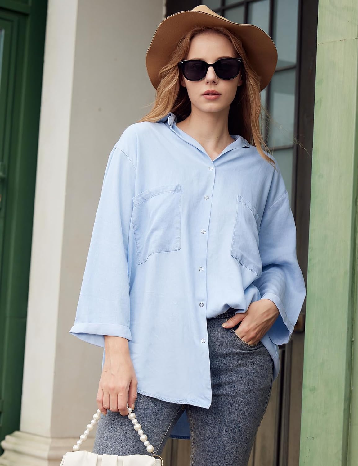 Tencel Button Down Shirt for Women, Chambray Blue, 3/4 Sleeve – Casual, Office