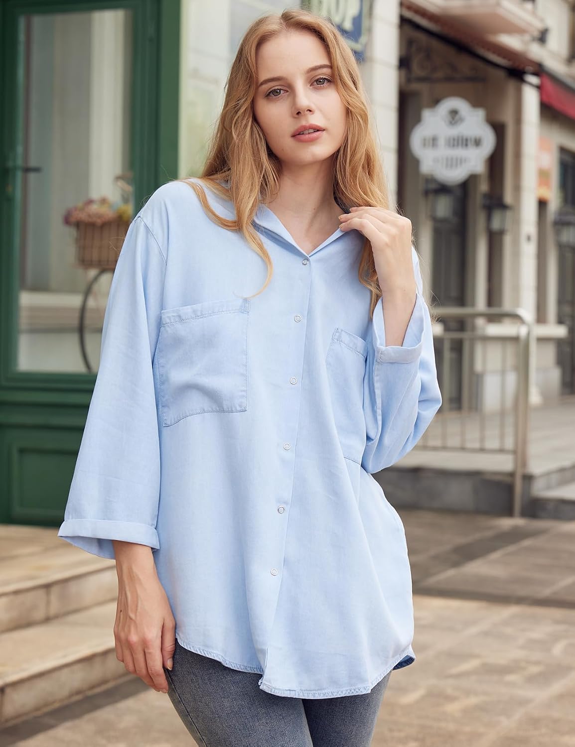 Tencel Button Down Shirt for Women, Chambray Blue, 3/4 Sleeve – Casual, Office