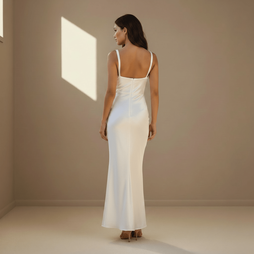 White ruched satin dress
