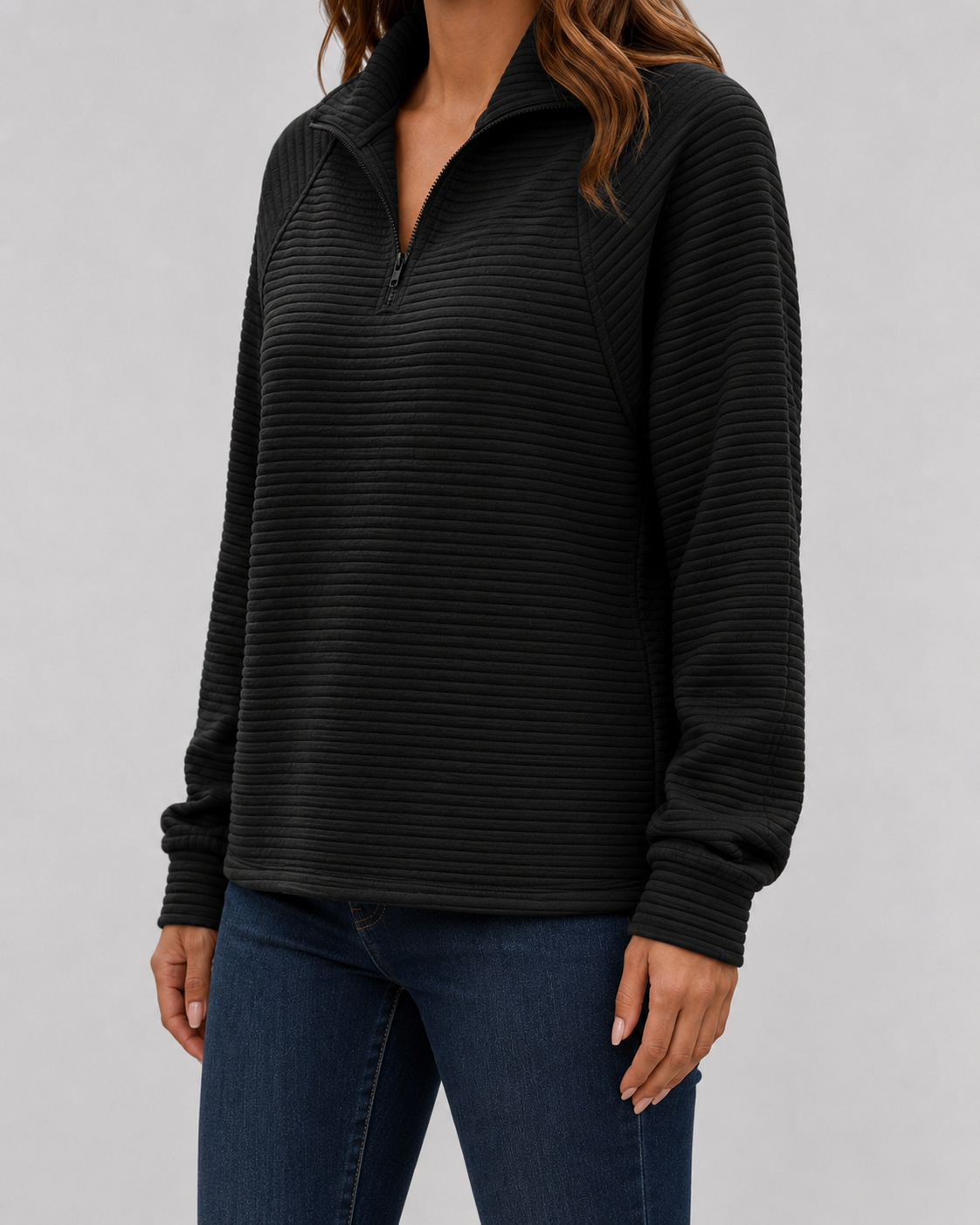 Women's Ribbed Quarter-Zip Pullover Sweater – Casual, Office