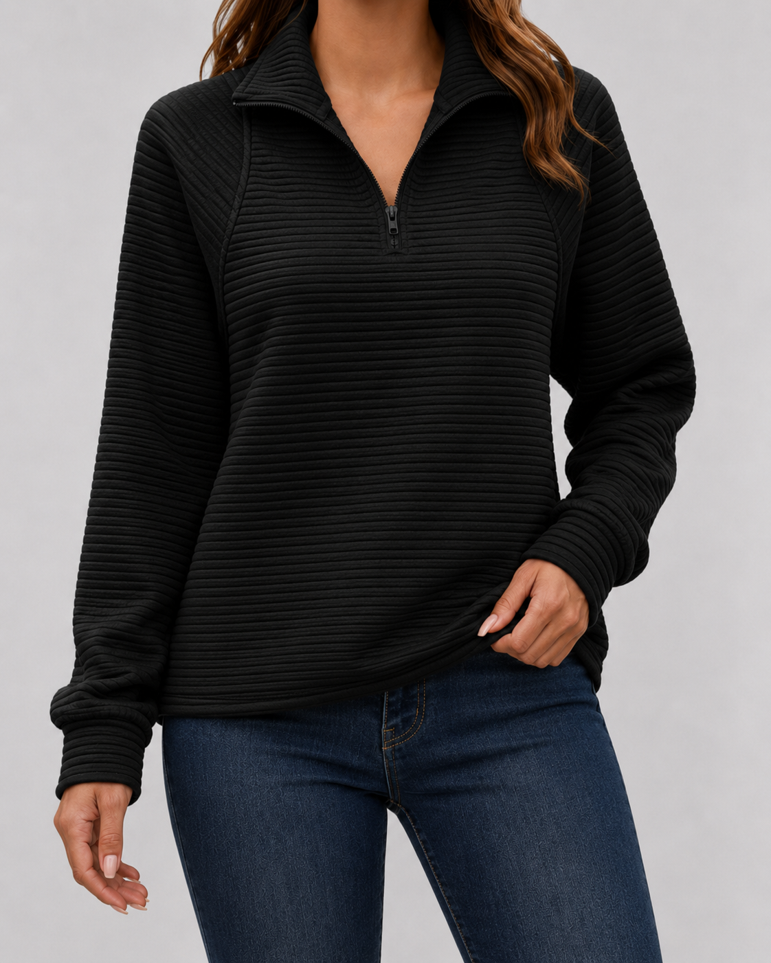 Women's Ribbed Quarter-Zip Pullover Sweater – Casual, Office