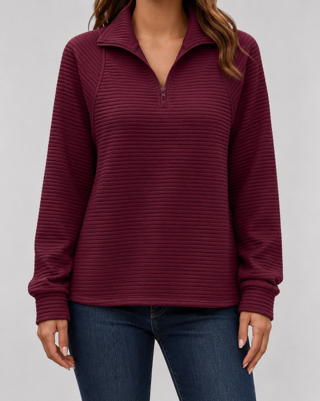Women's Ribbed Quarter-Zip Pullover Sweater – Casual, Office