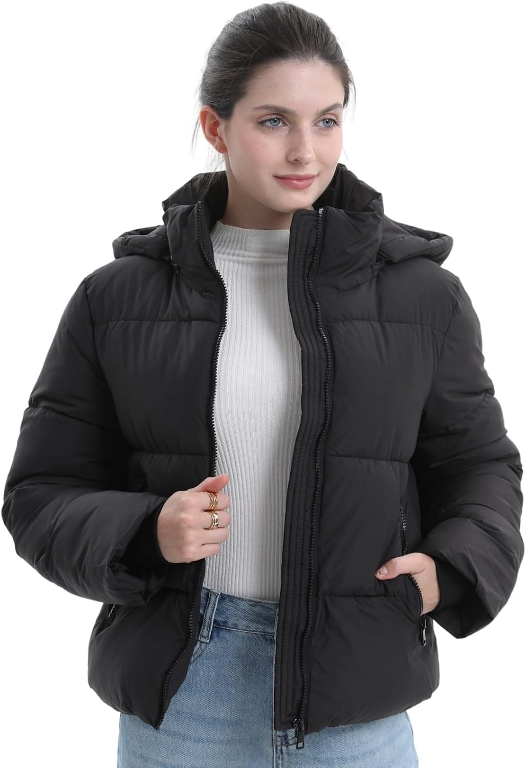 Women's Short Down Jacket, Warm Winter Coat with Removable Hood – Casual, Outdoor