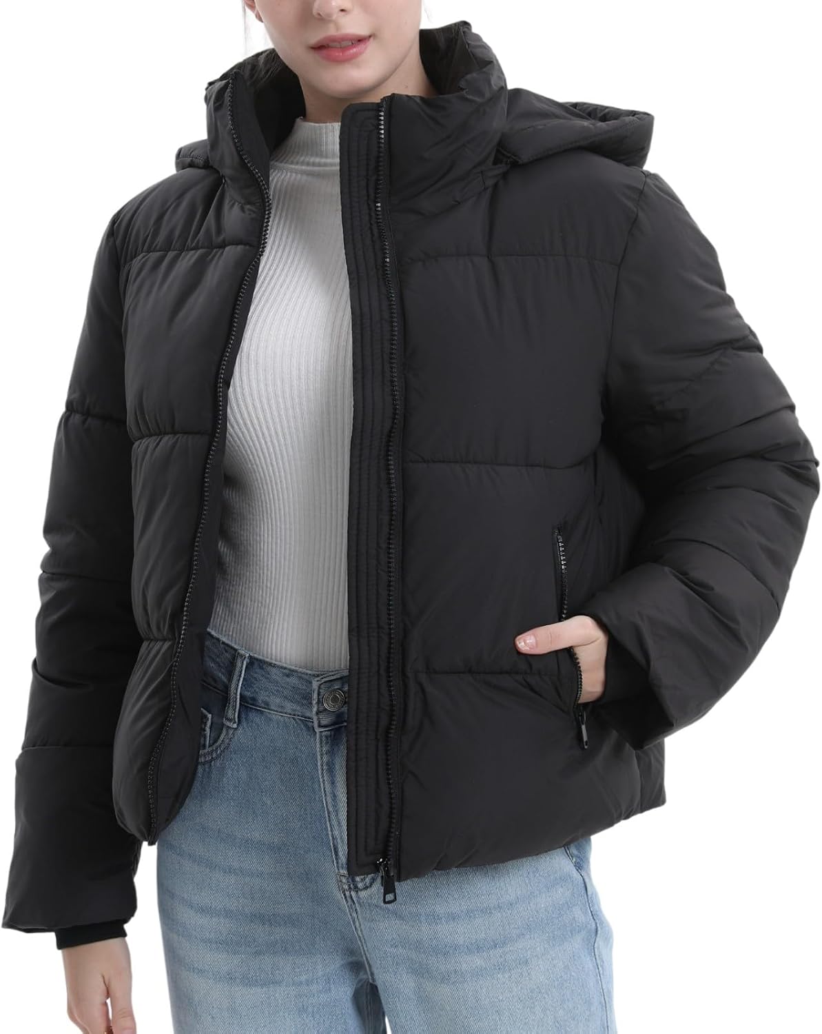 Women's Short Down Jacket, Warm Winter Coat with Removable Hood – Casual, Outdoor