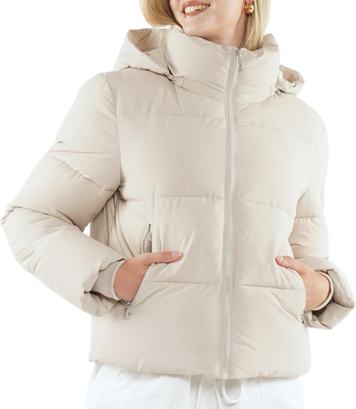 Women's Short Down Jacket, Warm Winter Coat with Removable Hood – Casual, Outdoor