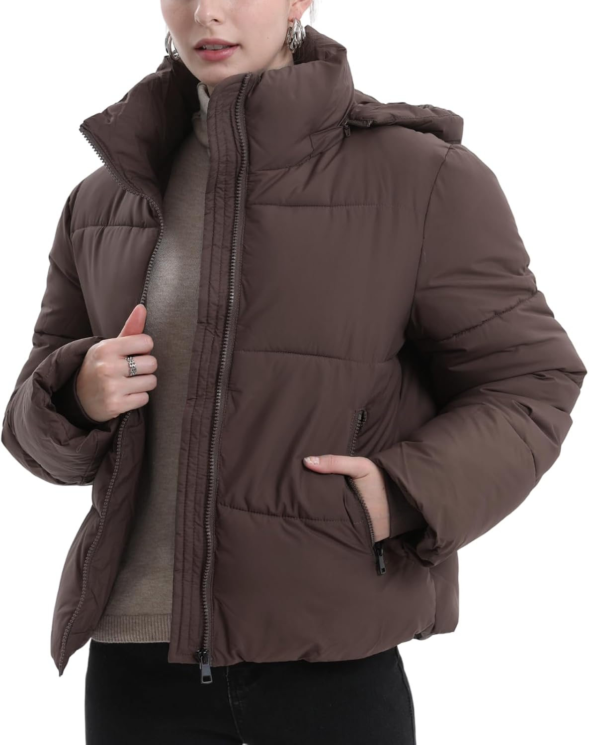 Women's Short Down Jacket, Warm Winter Coat with Removable Hood – Casual, Outdoor