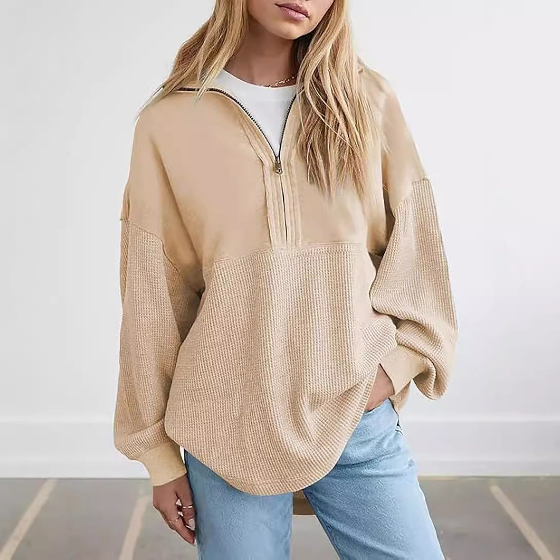 Women's Solid Color Pullover Top, Zipper V-Neck Sweatshirt – Casual, Autumn Fashion