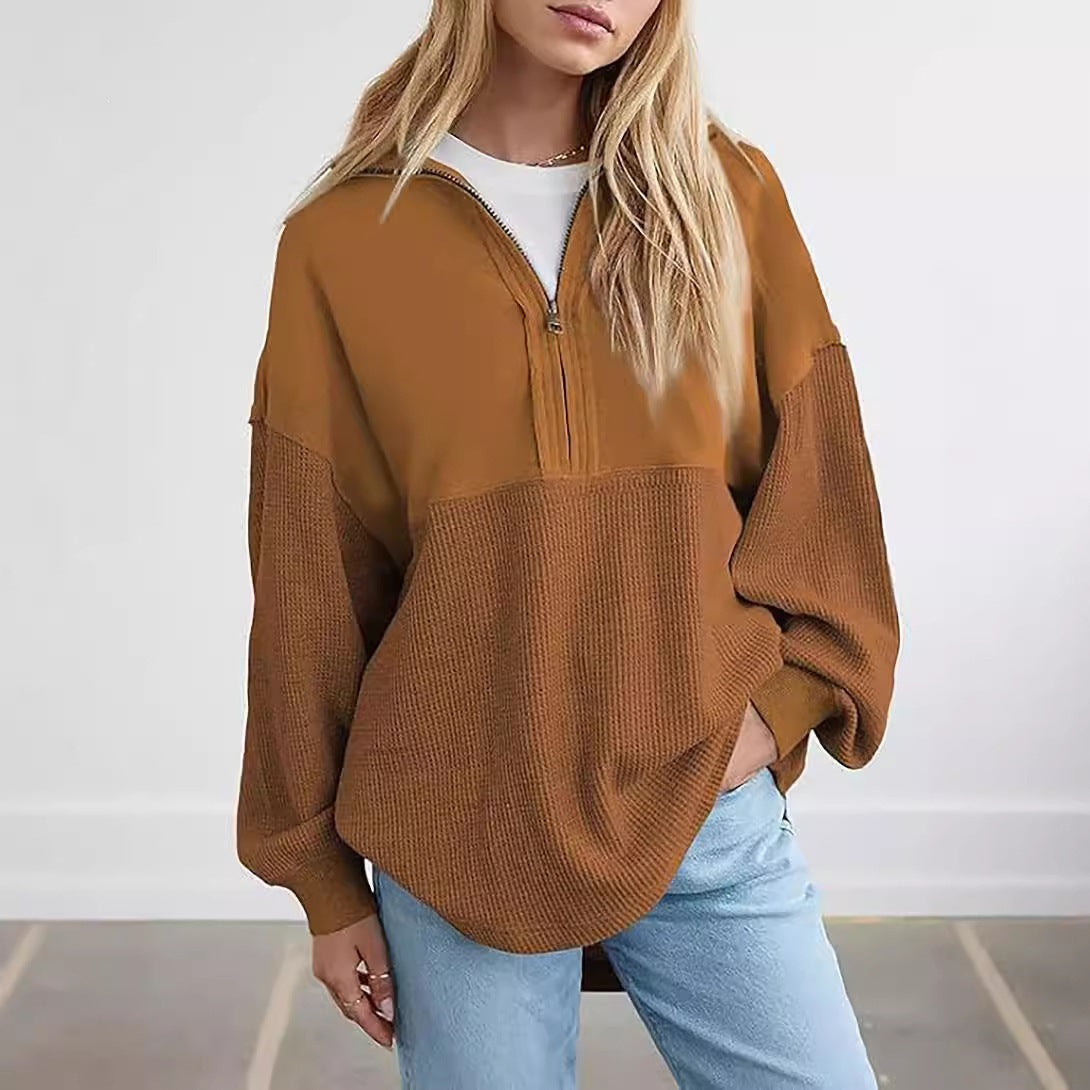 Women's Solid Color Pullover Top, Zipper V-Neck Sweatshirt – Casual, Autumn Fashion