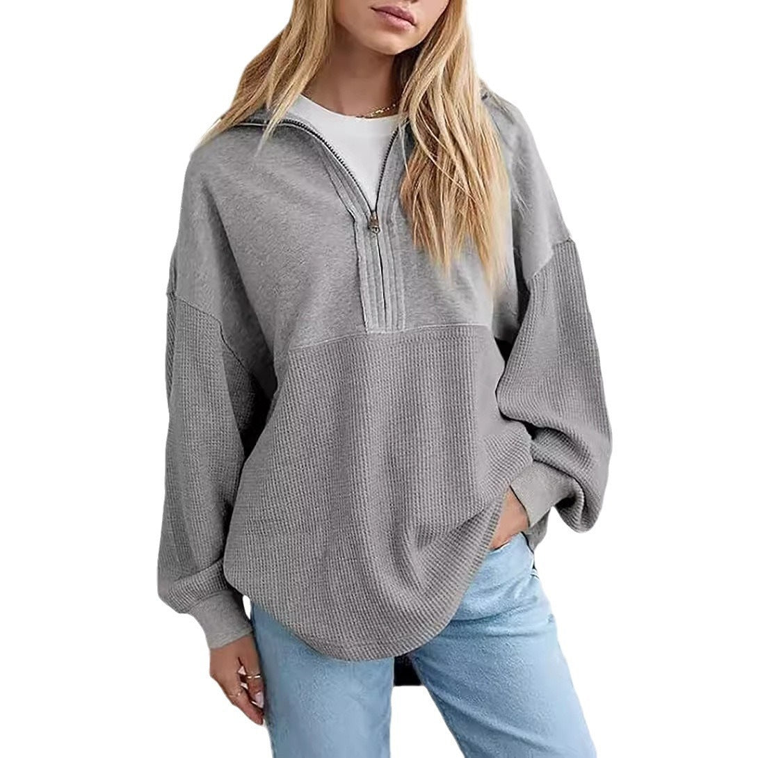 Women's Solid Color Pullover Top, Zipper V-Neck Sweatshirt – Casual, Autumn Fashion