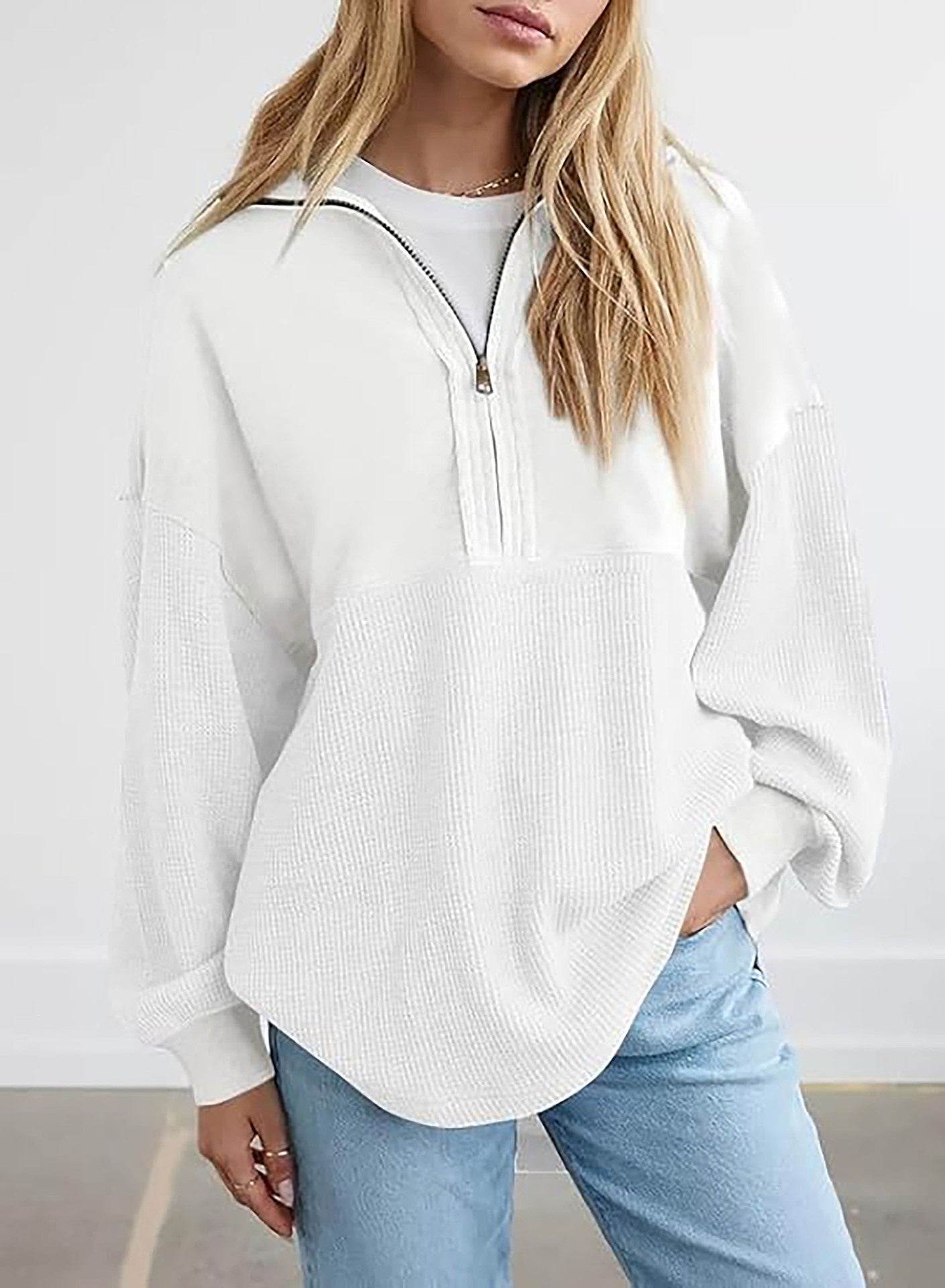 Women's Solid Color Pullover Top, Zipper V-Neck Sweatshirt – Casual, Autumn Fashion