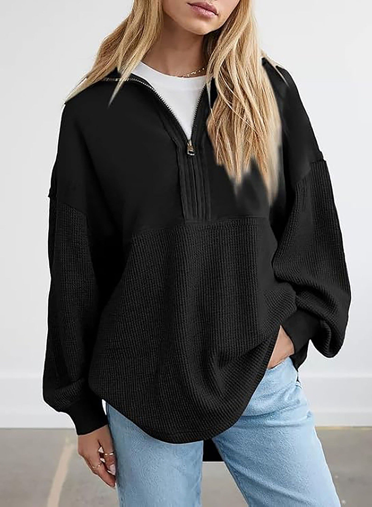 Women's Solid Color Pullover Top, Zipper V-Neck Sweatshirt – Casual, Autumn Fashion