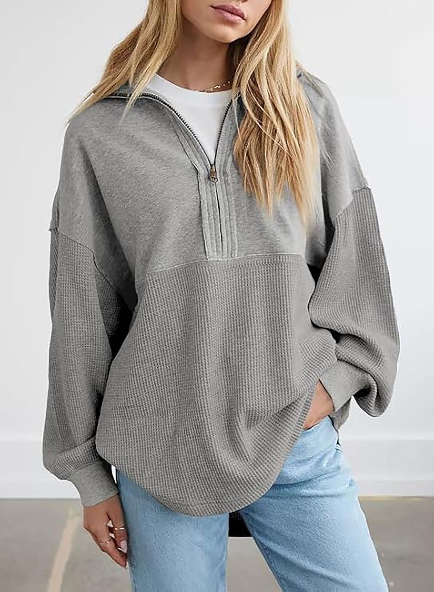 Women's Solid Color Pullover Top, Zipper V-Neck Sweatshirt – Casual, Autumn Fashion