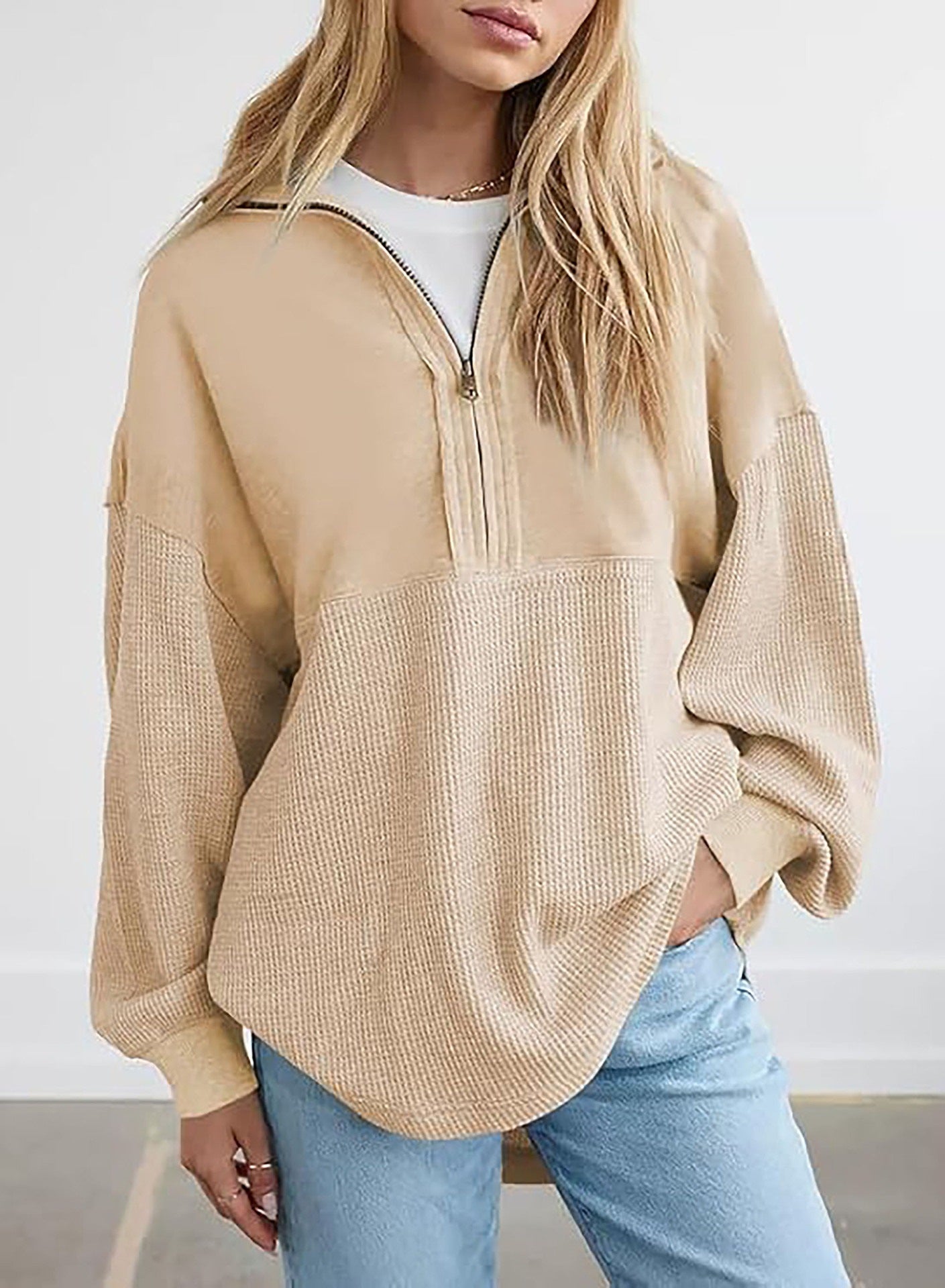 Women's Solid Color Pullover Top, Zipper V-Neck Sweatshirt – Casual, Autumn Fashion