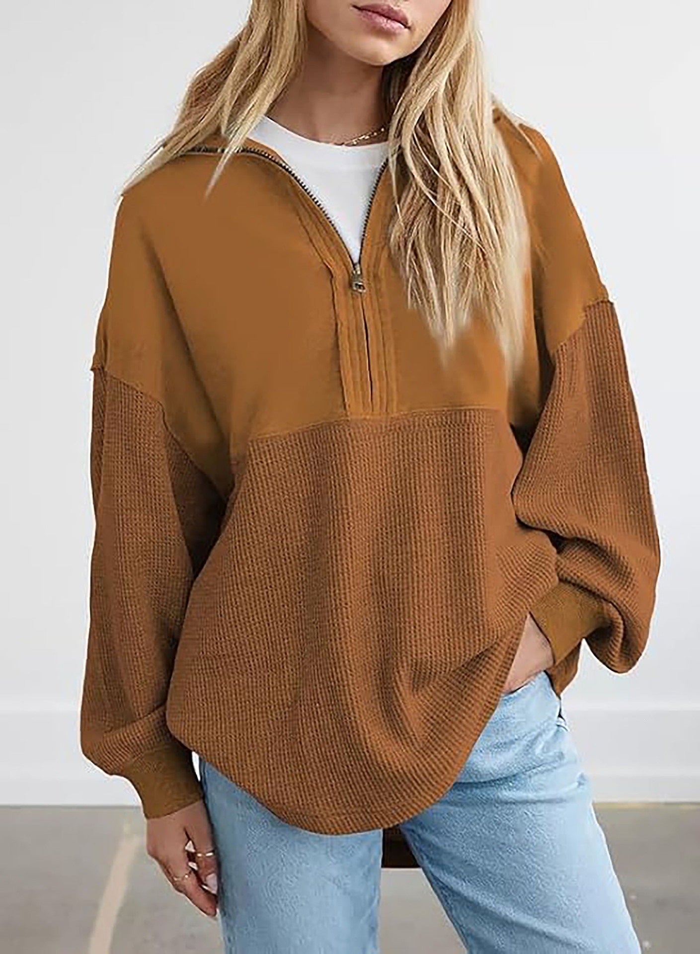 Women's Solid Color Pullover Top, Zipper V-Neck Sweatshirt – Casual, Autumn Fashion