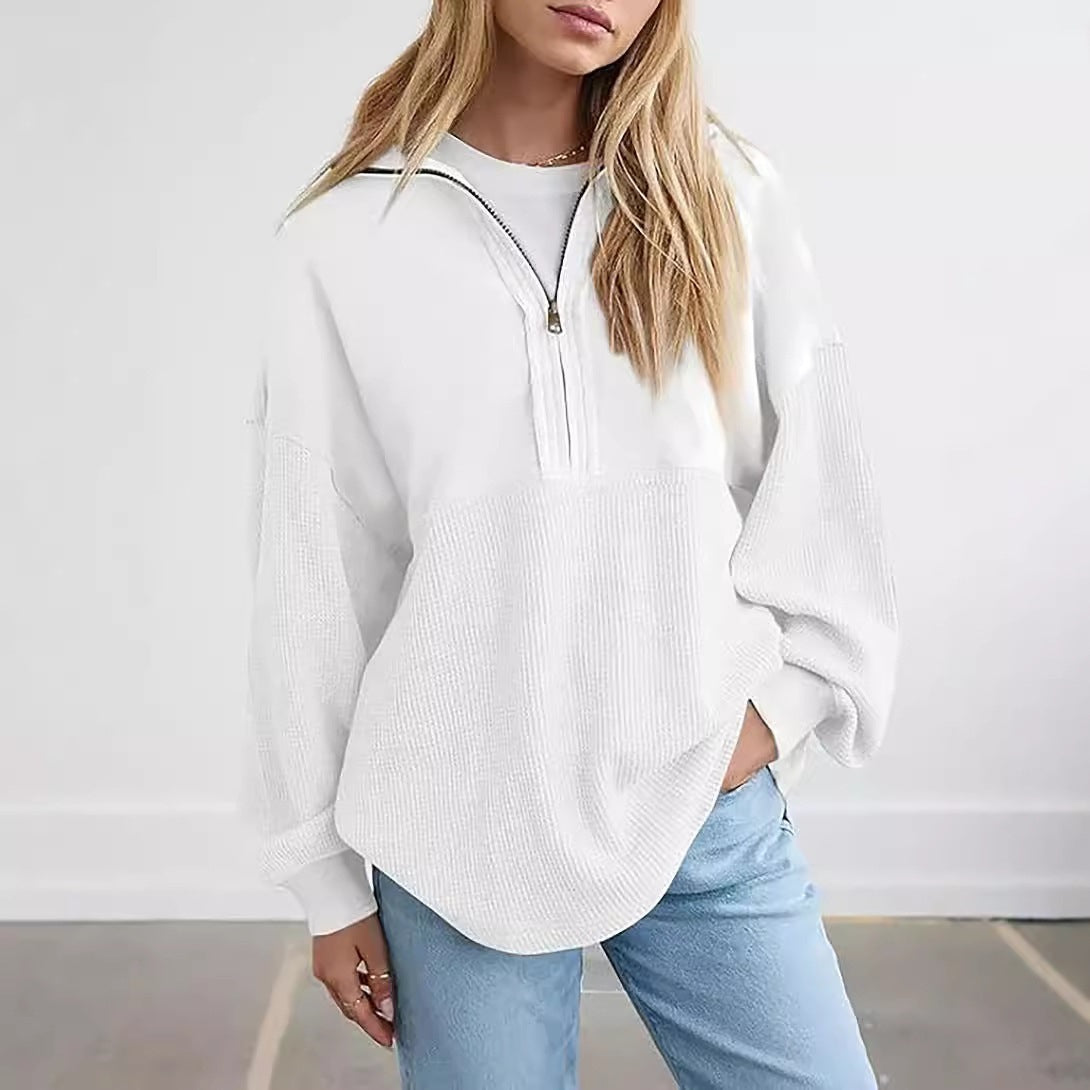 Women's Solid Color Pullover Top, Zipper V-Neck Sweatshirt – Casual, Autumn Fashion