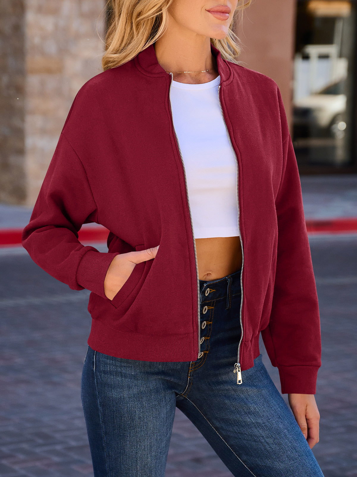 Zip Up Long Sleeve Jacket with Pockets – Casual Wear, Outdoor Activities