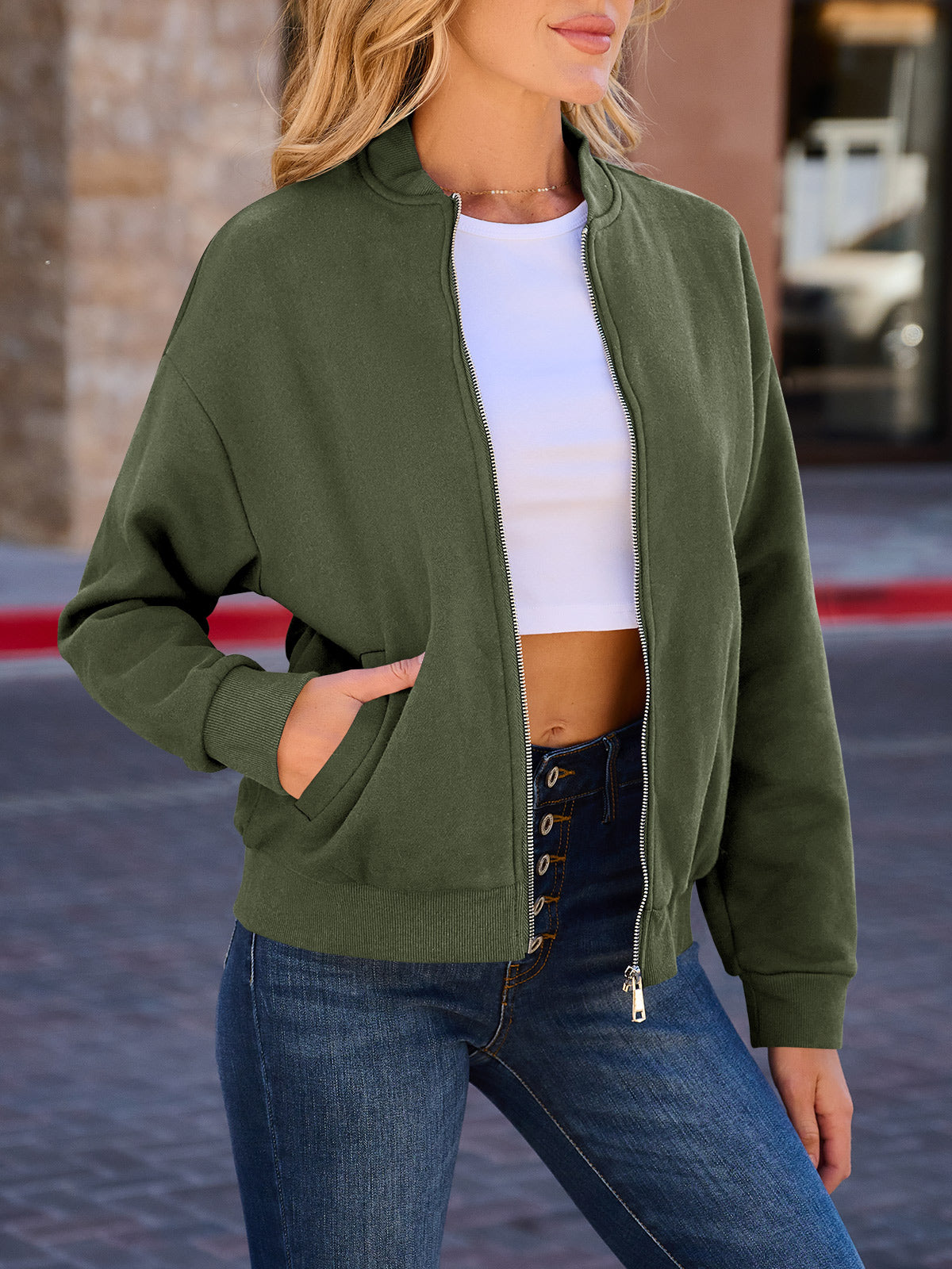 Zip Up Long Sleeve Jacket with Pockets – Casual Wear, Outdoor Activities
