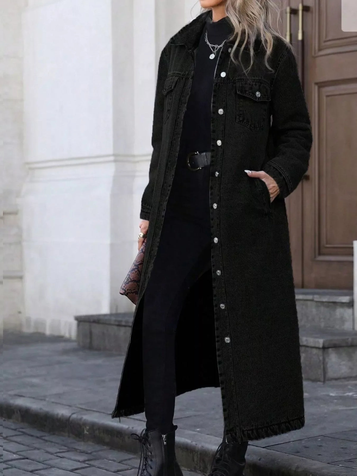 Denim Longline Jacket with Button Front for Casual Everyday Wear