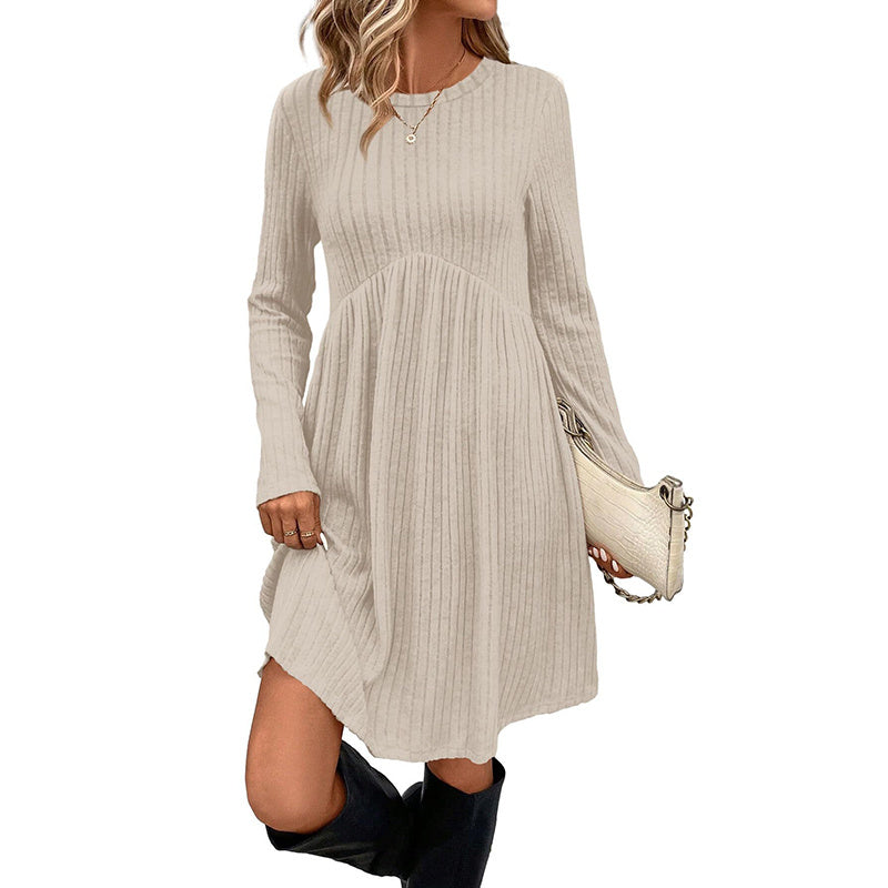 Women's Long Sleeve Knit Dress, Solid Color, Round Neck – Casual, Spring/Fall