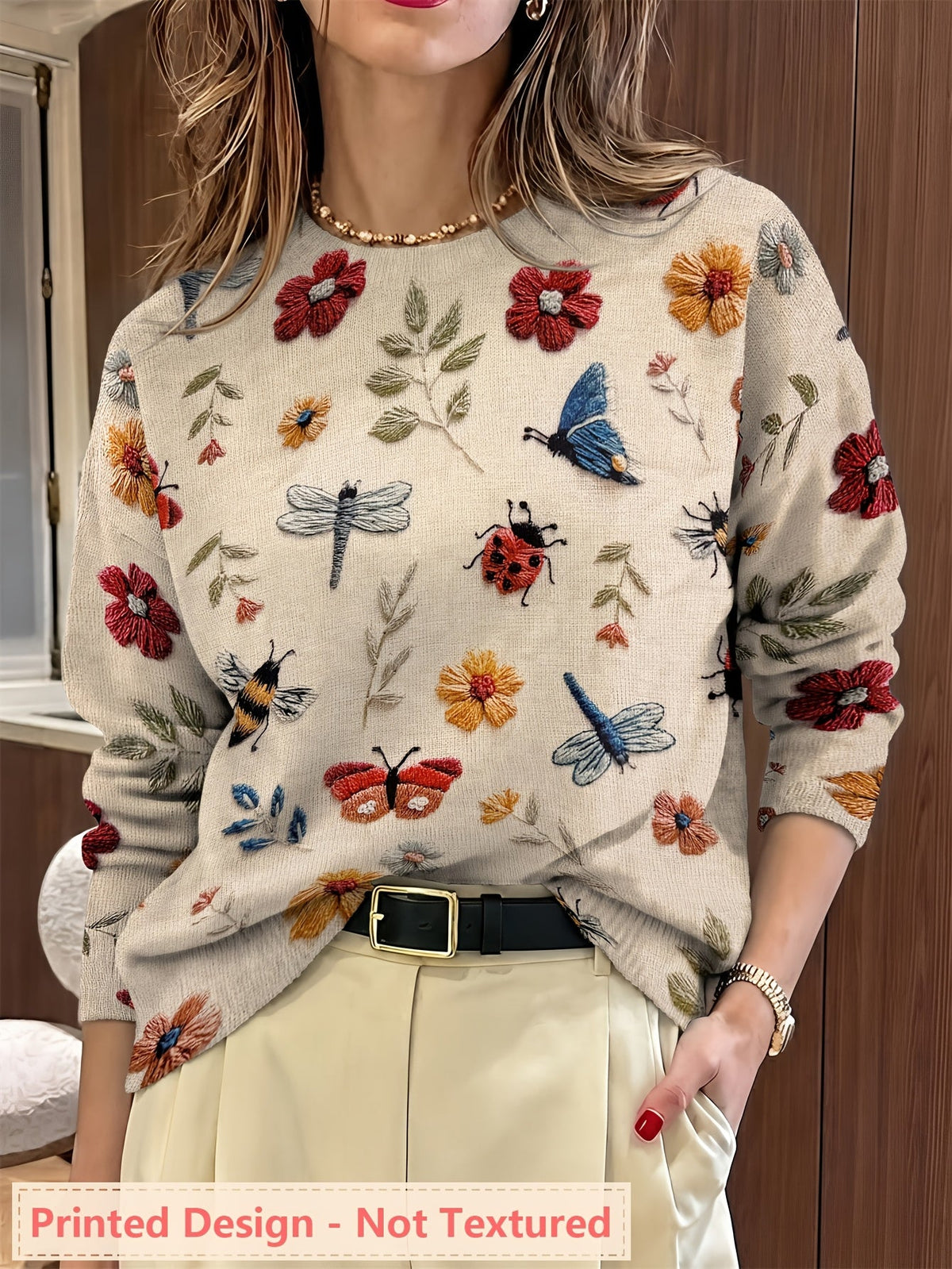 Botanical Print Crewneck Sweater | Soft Knit Fabric | Women's Casual Wear