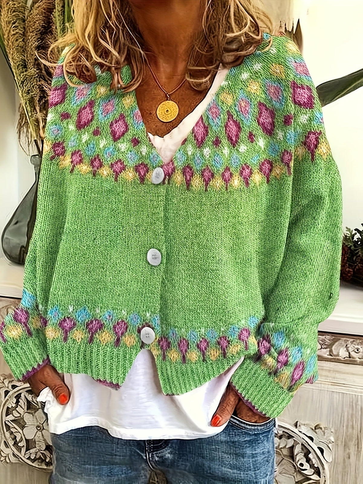 Nordic Patterned Cardigan in Soft Knit for Cozy Layering and Everyday Wear
