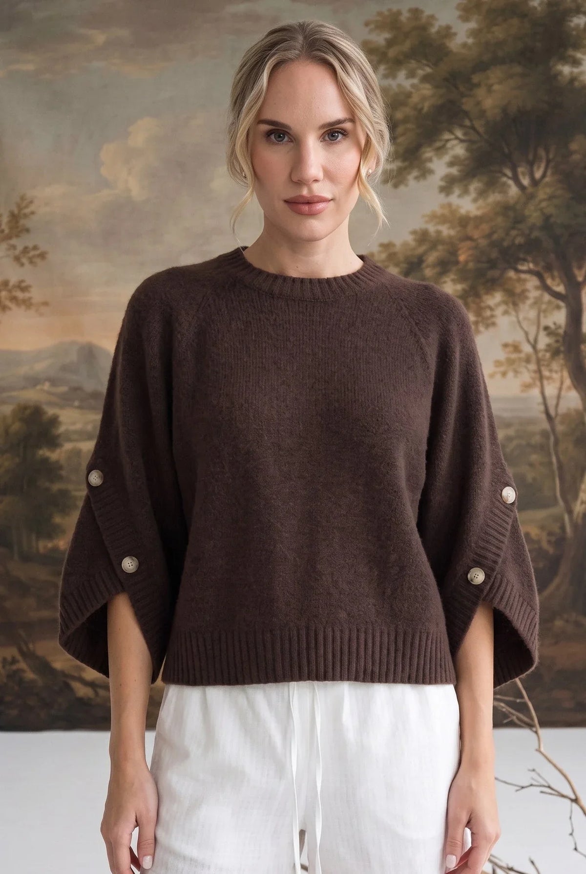 Women's Button Sleeve Top in Taupe – Elegant Casual Blouse, Long Sleeve, Everyday Wear