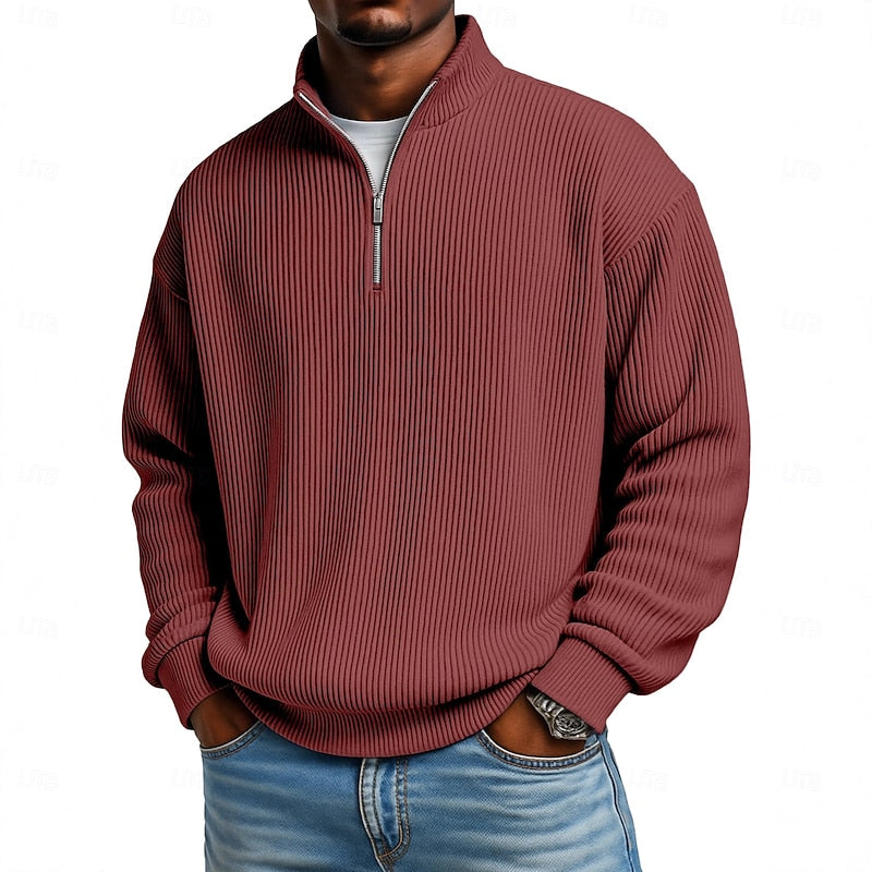 Ribbed Quarter-Zip Pullover for Men - Soft Fabric, Casual Style, Versatile Wear
