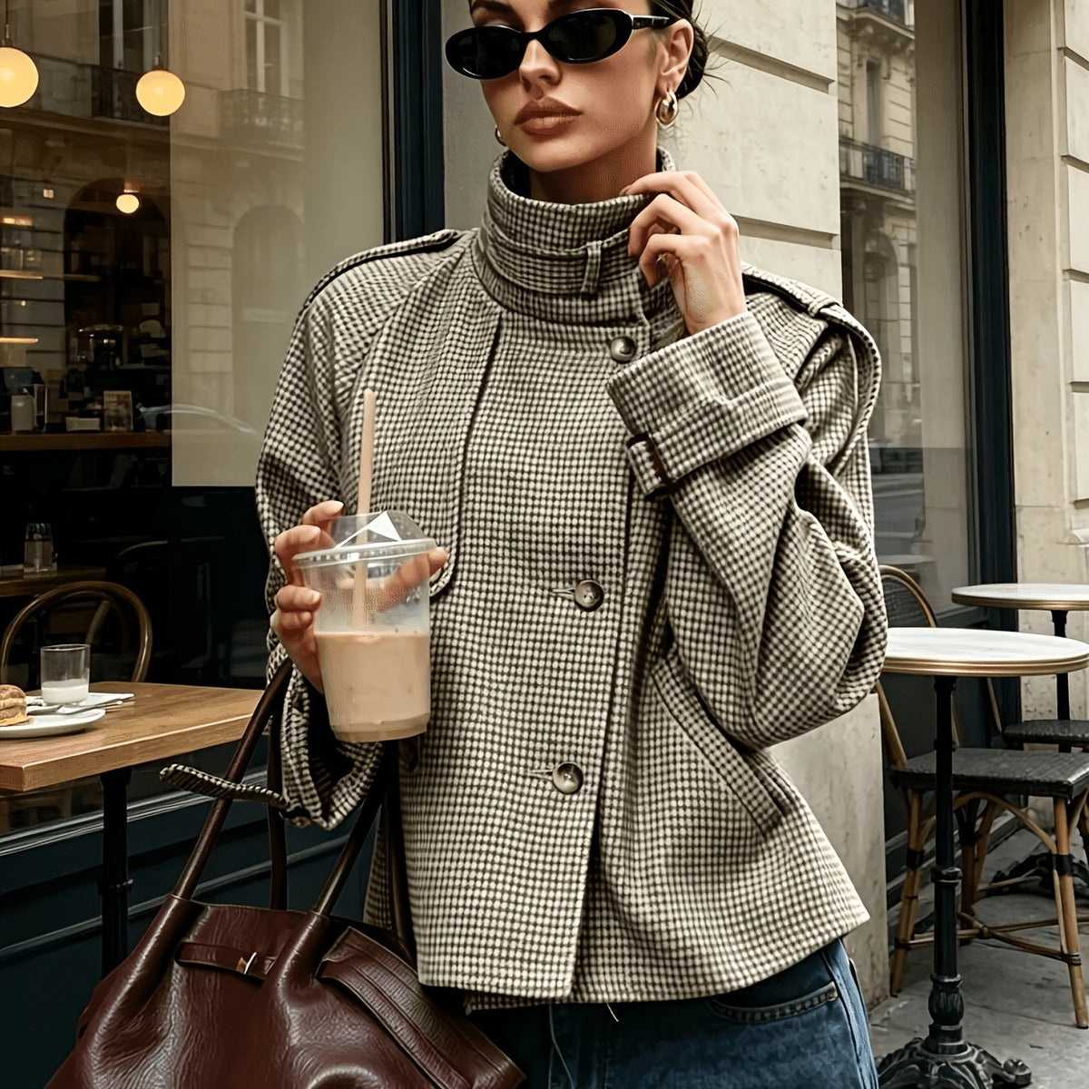 Houndstooth Stand-Collar Jacket | Women's Fashion Outerwear