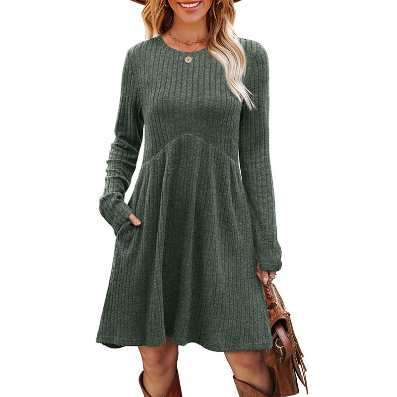 Women's Long Sleeve Knit Dress, Solid Color, Round Neck – Casual, Spring/Fall