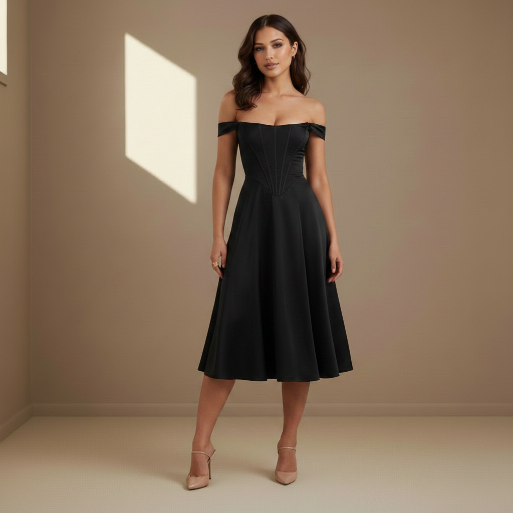 Black off-shoulder satin corset A-line midi dress, front view