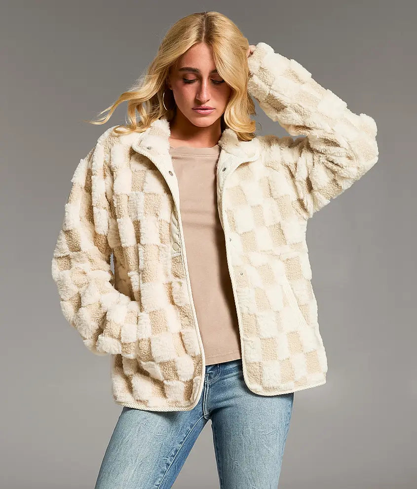 Plaid Faux Fur Coat for Women – Autumn/Winter Warm Jacket, Turn-Down Collar, Short Plush Design
