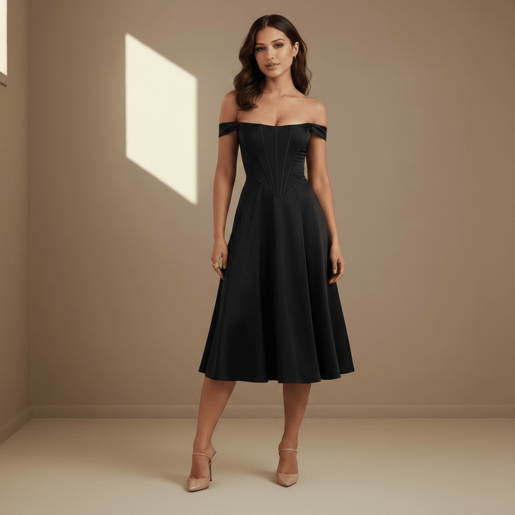 Black off-shoulder satin dress - Satinni