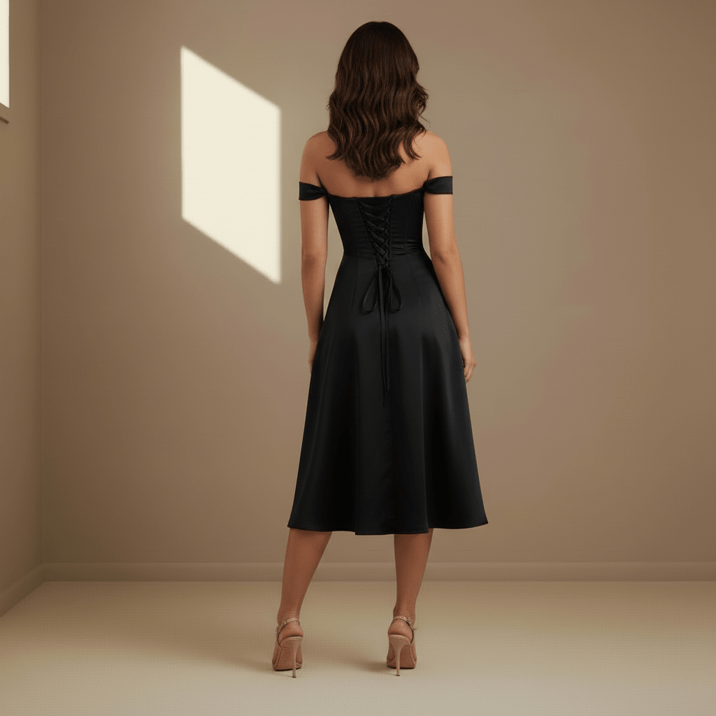Black off-shoulder satin dress - Satinni