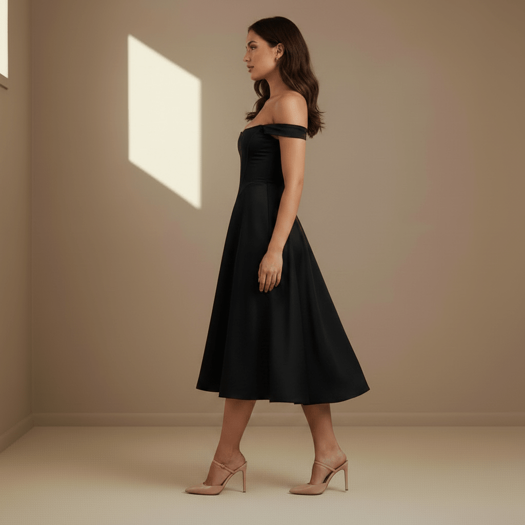 Black off-shoulder satin dress - Satinni
