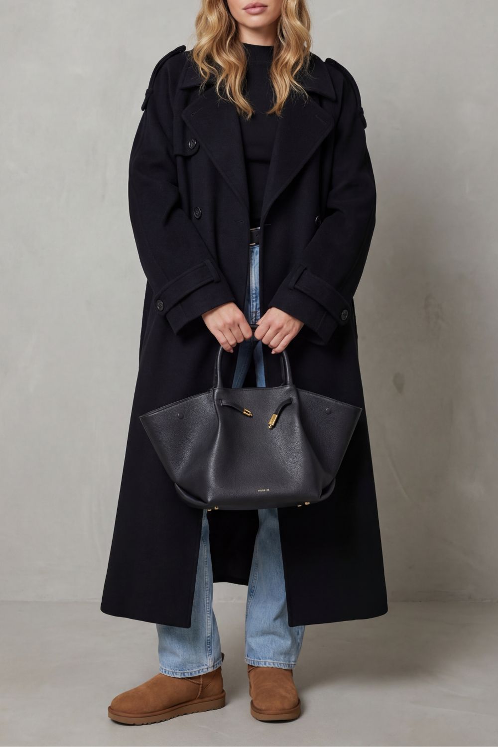 Black Oversized Long Trench Coat for Women with Belted Waist Design - Satinni