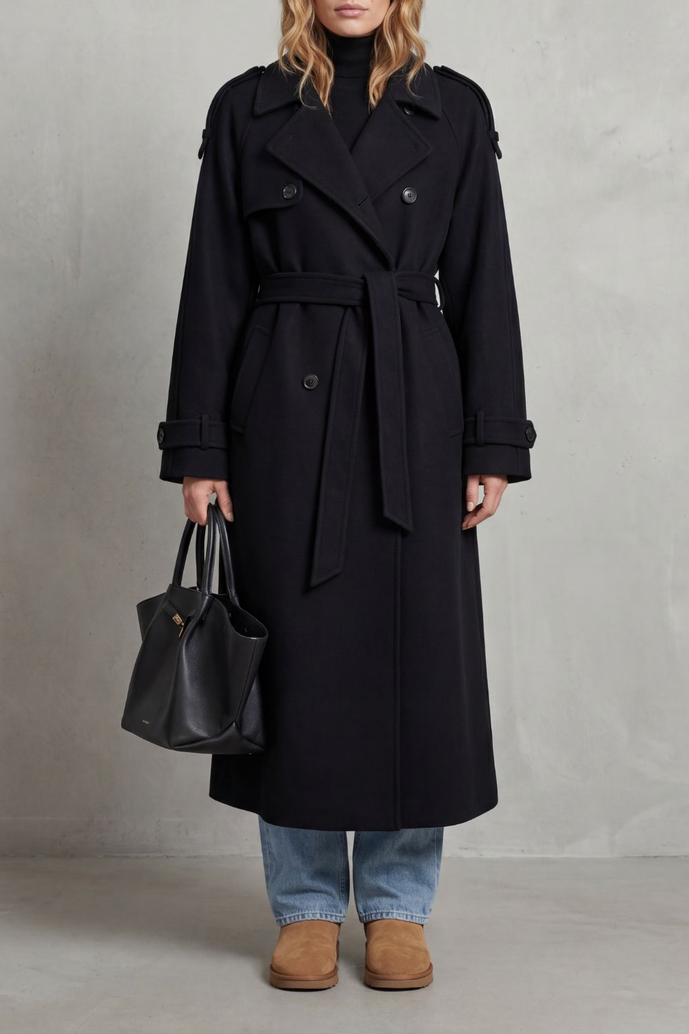 Black Oversized Long Trench Coat for Women with Belted Waist Design - Satinni