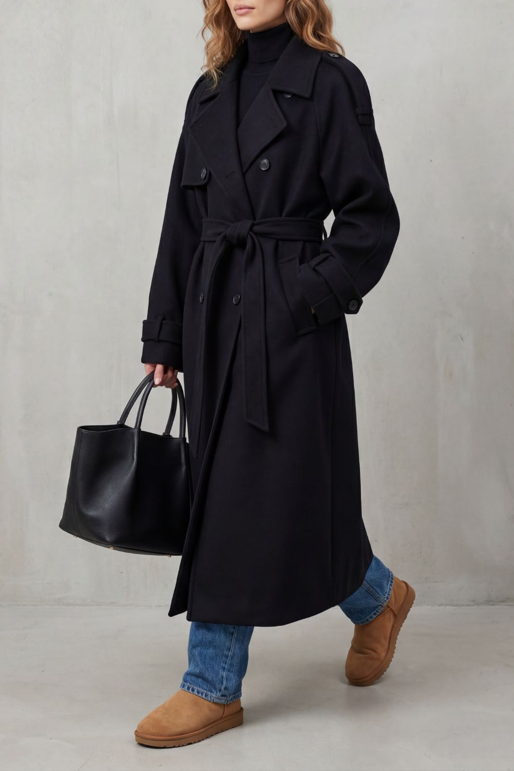 Black Oversized Long Trench Coat for Women with Belted Waist Design - Satinni