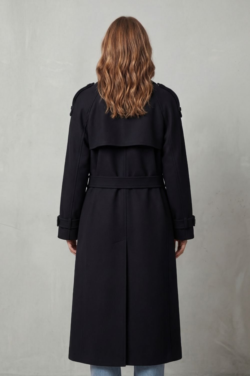 Black Oversized Long Trench Coat for Women with Belted Waist Design - Satinni