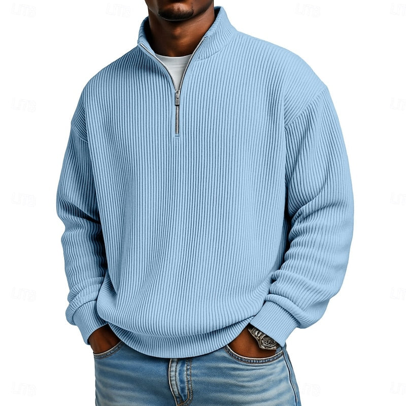 Ribbed Quarter-Zip Pullover for Men - Soft Fabric, Casual Style, Versatile Wear