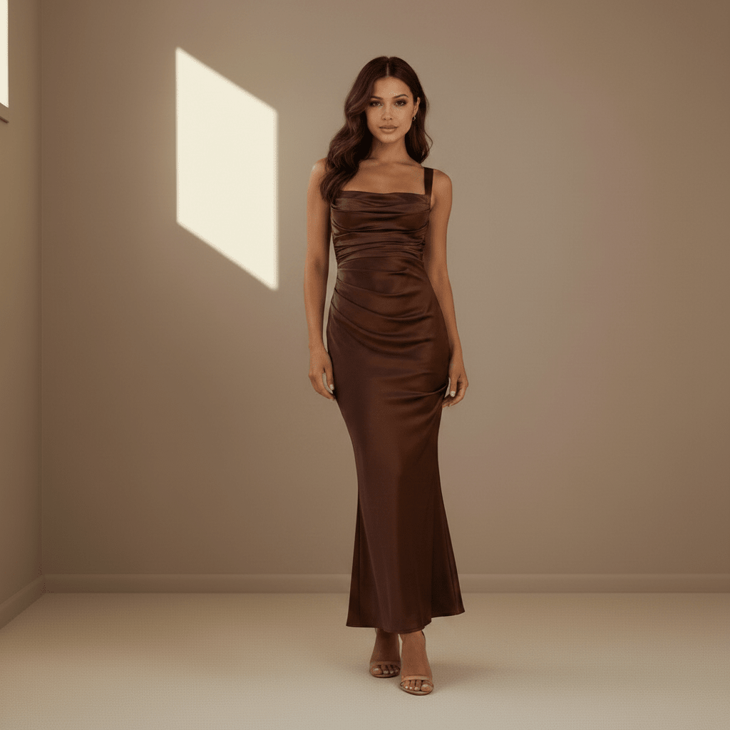 Brown ruched satin dress - Satinni